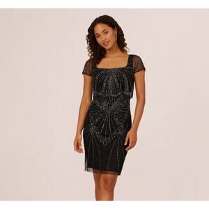 Adrianna Papell | Dresses | Adrianna Papell Beaded Popover Dress With Sheer  Cap Sleeves Black Gunmetal